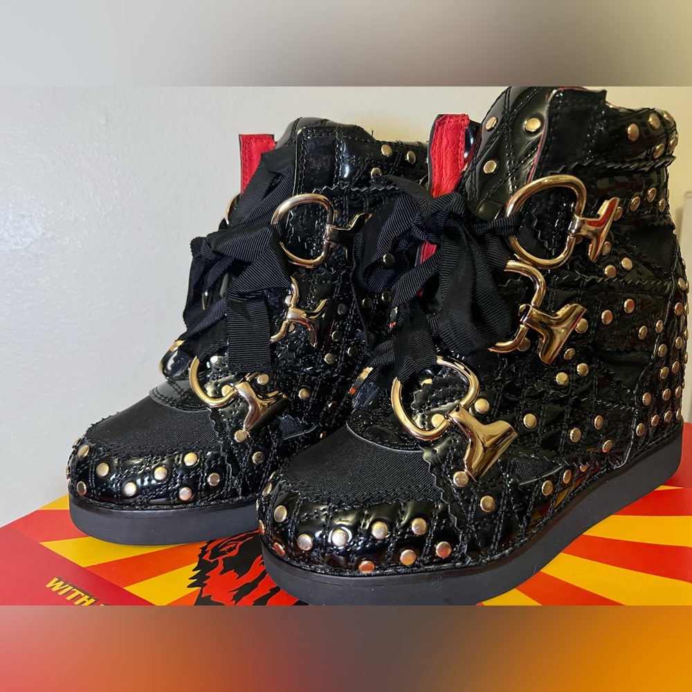 Jeffrey Campbell Gold and Black Combat Boots with Metallic Accents - Picture 2 of 13